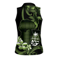 Green Hafa Adai Guam Women Sleeveless Polo Shirt Chamorro Latte Stone Hand With Plumeria LT14 - Polynesian Pride