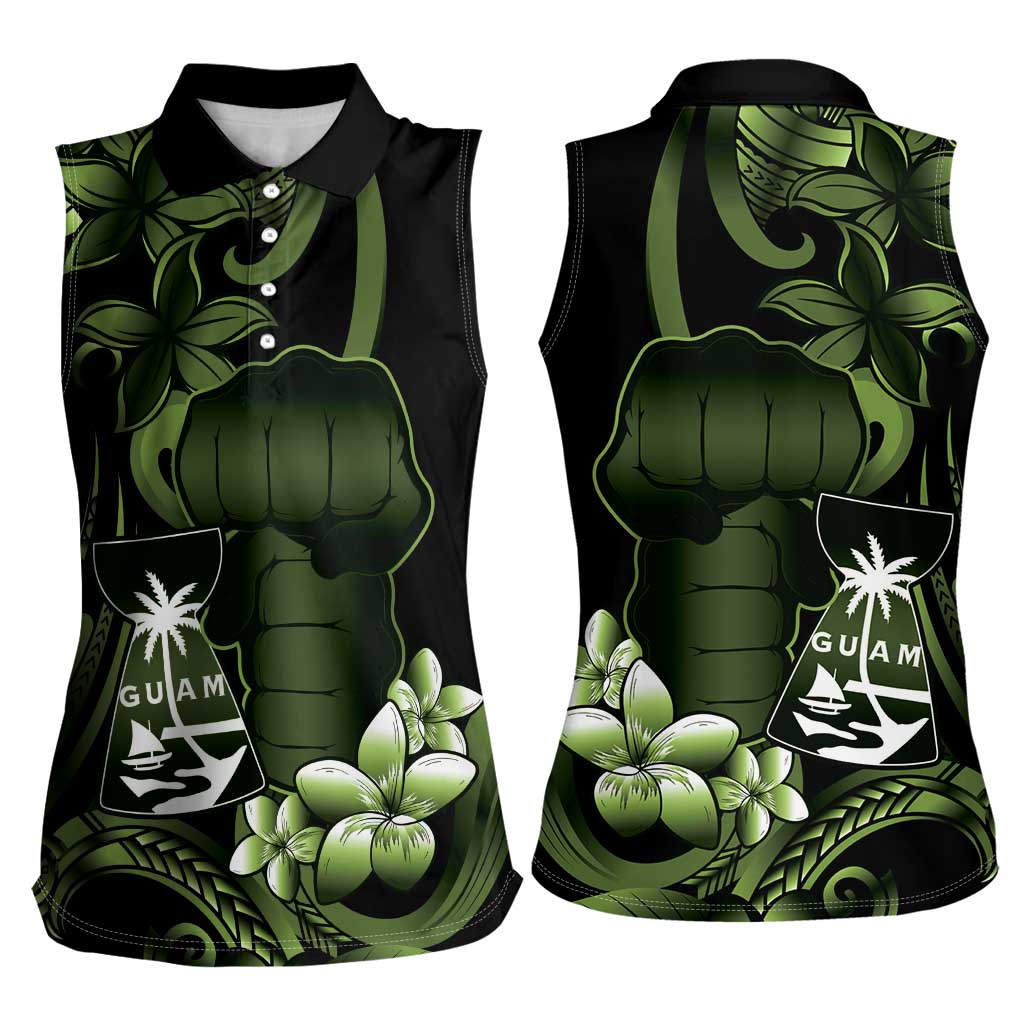 Green Hafa Adai Guam Women Sleeveless Polo Shirt Chamorro Latte Stone Hand With Plumeria LT14 - Polynesian Pride