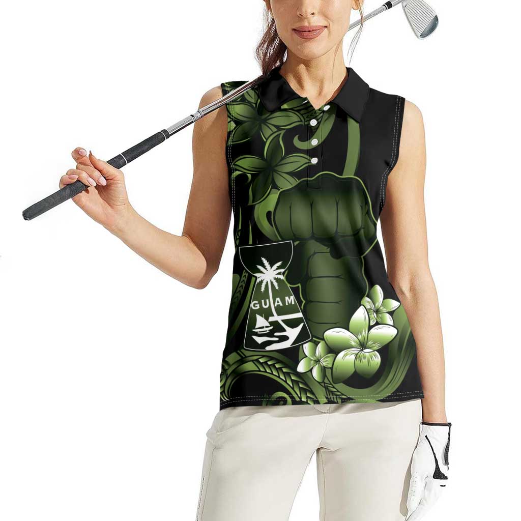 Green Hafa Adai Guam Women Sleeveless Polo Shirt Chamorro Latte Stone Hand With Plumeria LT14 - Polynesian Pride