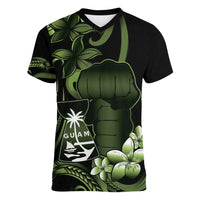 Green Hafa Adai Guam Women V-Neck T-Shirt Chamorro Latte Stone Hand With Plumeria LT14 Female Green - Polynesian Pride