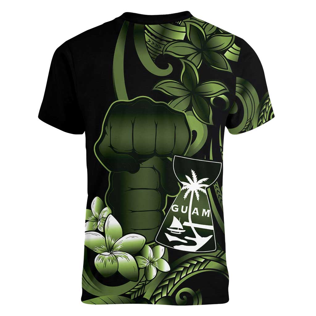 Green Hafa Adai Guam Women V-Neck T-Shirt Chamorro Latte Stone Hand With Plumeria LT14 - Polynesian Pride