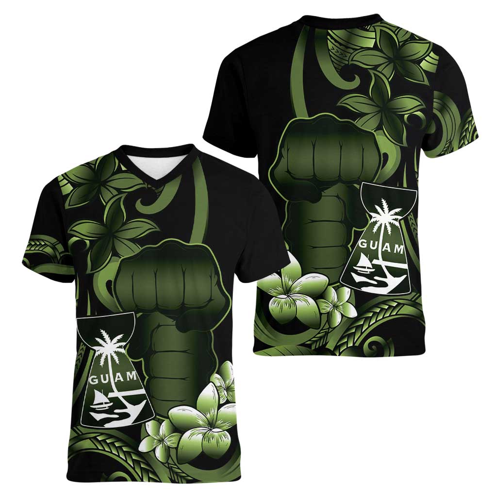 Green Hafa Adai Guam Women V-Neck T-Shirt Chamorro Latte Stone Hand With Plumeria LT14 - Polynesian Pride