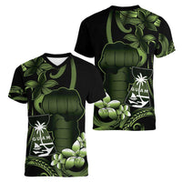 Green Hafa Adai Guam Women V-Neck T-Shirt Chamorro Latte Stone Hand With Plumeria LT14 - Polynesian Pride