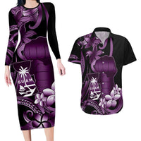 Purple Hafa Adai Guam Couples Matching Long Sleeve Bodycon Dress and Hawaiian Shirt Chamorro Latte Stone Hand With Plumeria LT14 Purple - Polynesian Pride