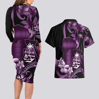Purple Hafa Adai Guam Couples Matching Long Sleeve Bodycon Dress and Hawaiian Shirt Chamorro Latte Stone Hand With Plumeria LT14 - Polynesian Pride