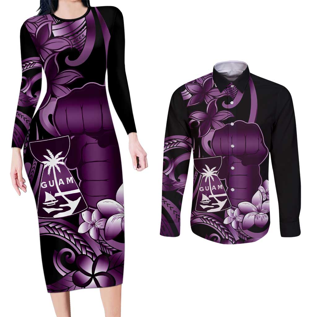 Purple Hafa Adai Guam Couples Matching Long Sleeve Bodycon Dress and Long Sleeve Button Shirt Chamorro Latte Stone Hand With Plumeria LT14 Purple - Polynesian Pride