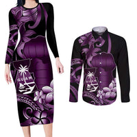 Purple Hafa Adai Guam Couples Matching Long Sleeve Bodycon Dress and Long Sleeve Button Shirt Chamorro Latte Stone Hand With Plumeria LT14 Purple - Polynesian Pride