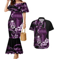 Purple Hafa Adai Guam Couples Matching Mermaid Dress and Hawaiian Shirt Chamorro Latte Stone Hand With Plumeria LT14 Purple - Polynesian Pride