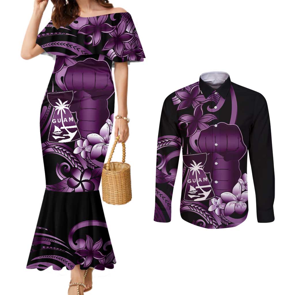Purple Hafa Adai Guam Couples Matching Mermaid Dress and Long Sleeve Button Shirt Chamorro Latte Stone Hand With Plumeria LT14 Purple - Polynesian Pride