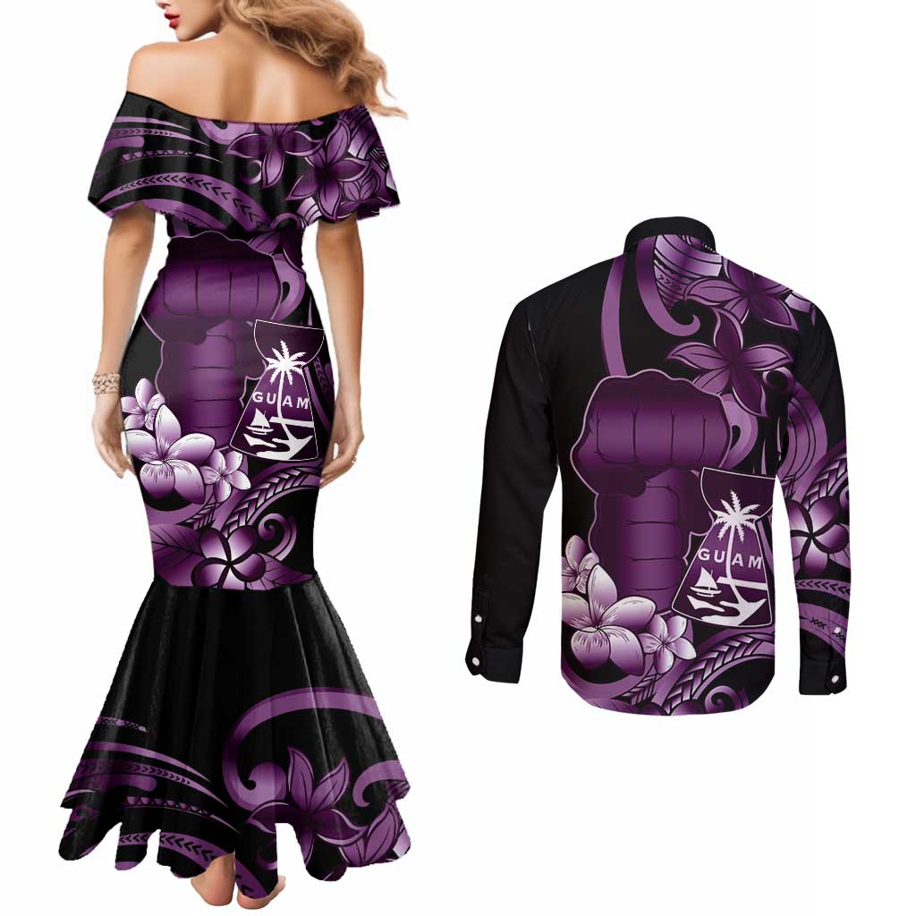 Purple Hafa Adai Guam Couples Matching Mermaid Dress and Long Sleeve Button Shirt Chamorro Latte Stone Hand With Plumeria LT14 - Polynesian Pride