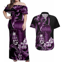 Purple Hafa Adai Guam Couples Matching Off Shoulder Maxi Dress and Hawaiian Shirt Chamorro Latte Stone Hand With Plumeria LT14 Purple - Polynesian Pride