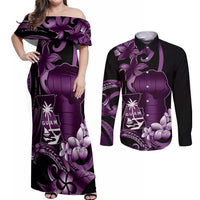 Purple Hafa Adai Guam Couples Matching Off Shoulder Maxi Dress and Long Sleeve Button Shirt Chamorro Latte Stone Hand With Plumeria LT14 Purple - Polynesian Pride