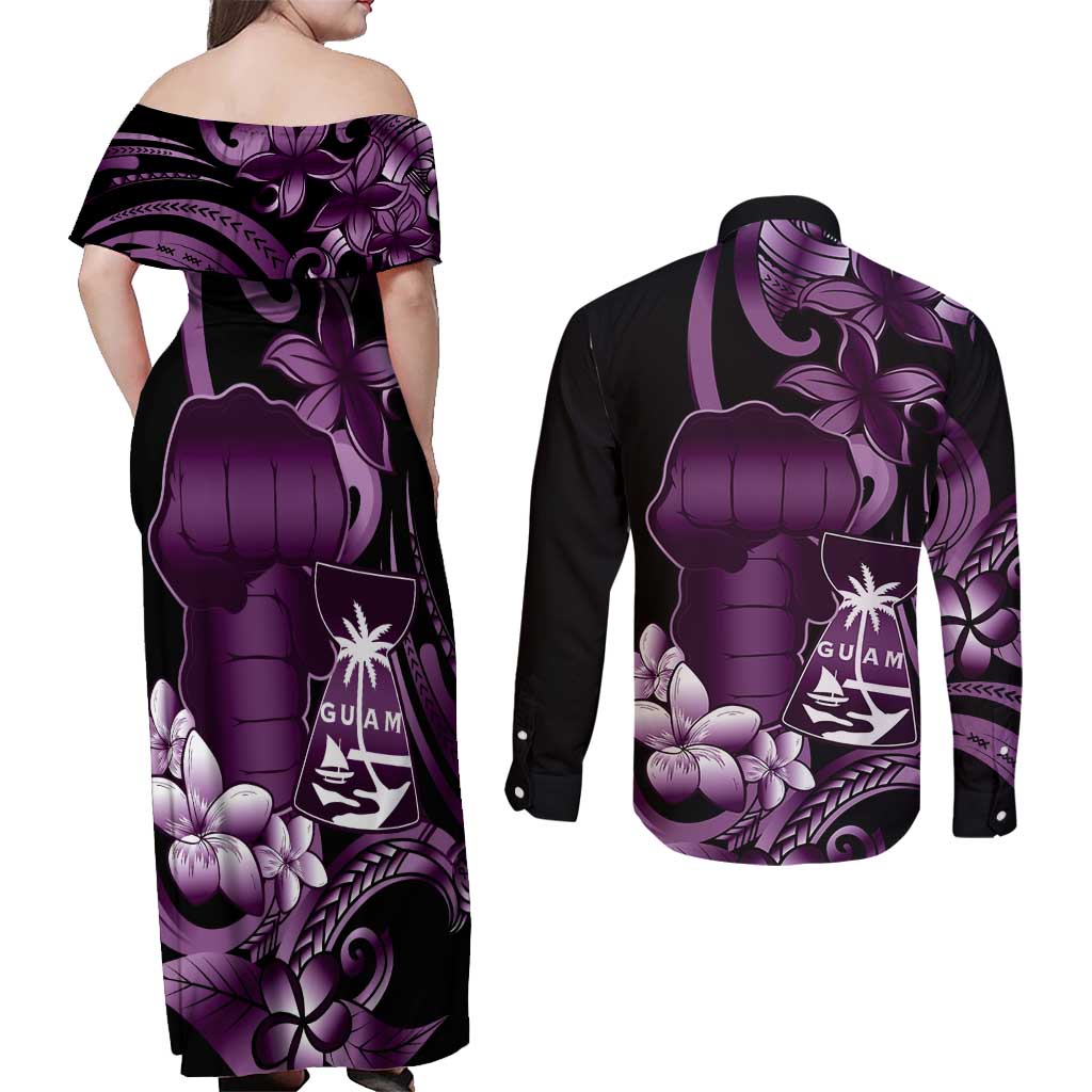 Purple Hafa Adai Guam Couples Matching Off Shoulder Maxi Dress and Long Sleeve Button Shirt Chamorro Latte Stone Hand With Plumeria LT14 - Polynesian Pride
