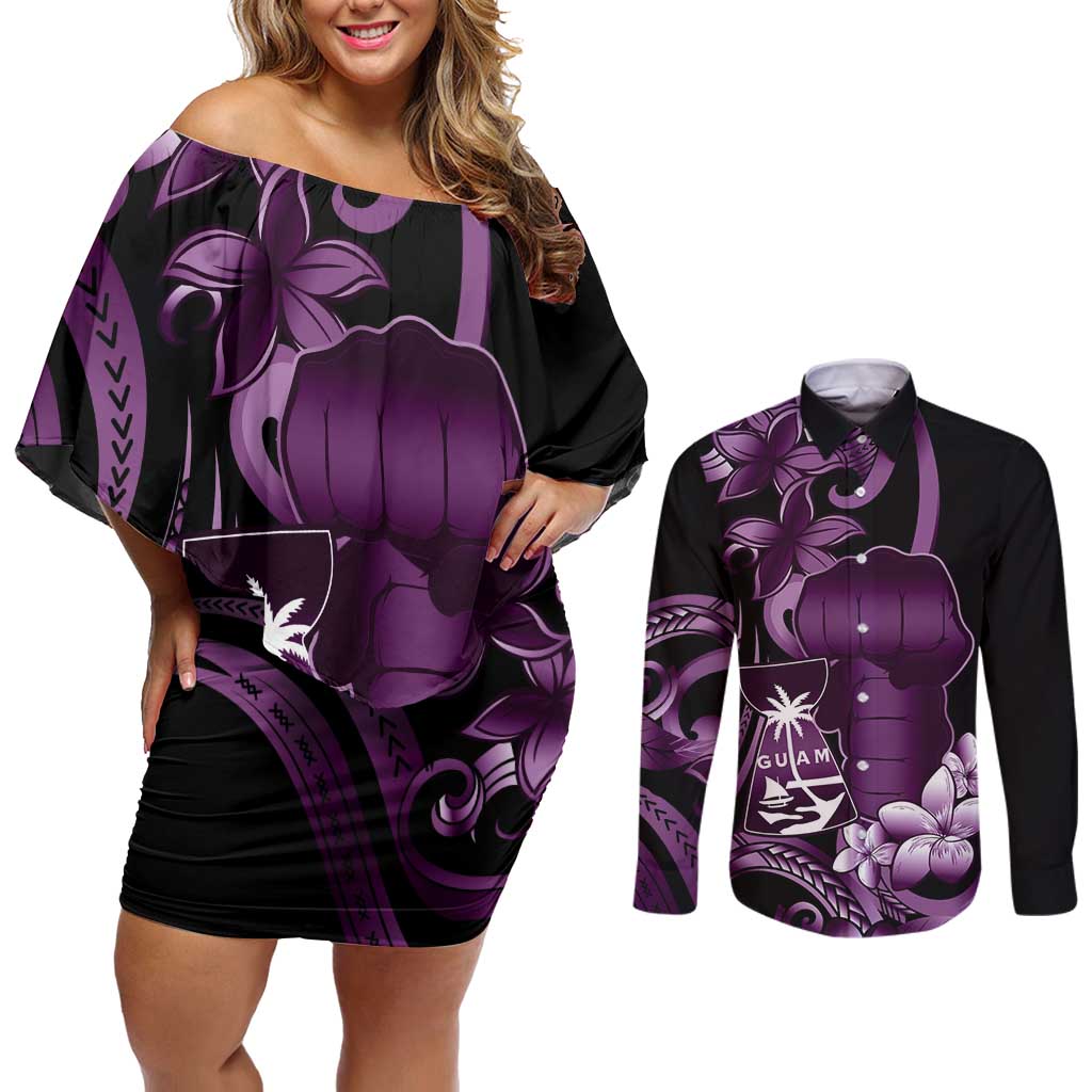 Purple Hafa Adai Guam Couples Matching Off Shoulder Short Dress and Long Sleeve Button Shirt Chamorro Latte Stone Hand With Plumeria LT14 Purple - Polynesian Pride