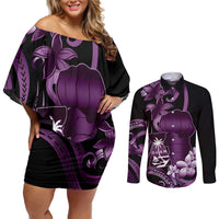 Purple Hafa Adai Guam Couples Matching Off Shoulder Short Dress and Long Sleeve Button Shirt Chamorro Latte Stone Hand With Plumeria LT14 Purple - Polynesian Pride