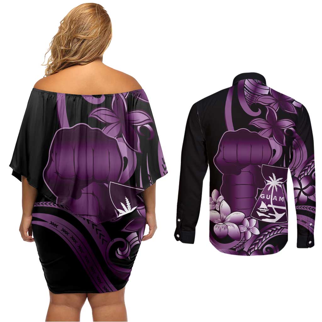 Purple Hafa Adai Guam Couples Matching Off Shoulder Short Dress and Long Sleeve Button Shirt Chamorro Latte Stone Hand With Plumeria LT14 - Polynesian Pride