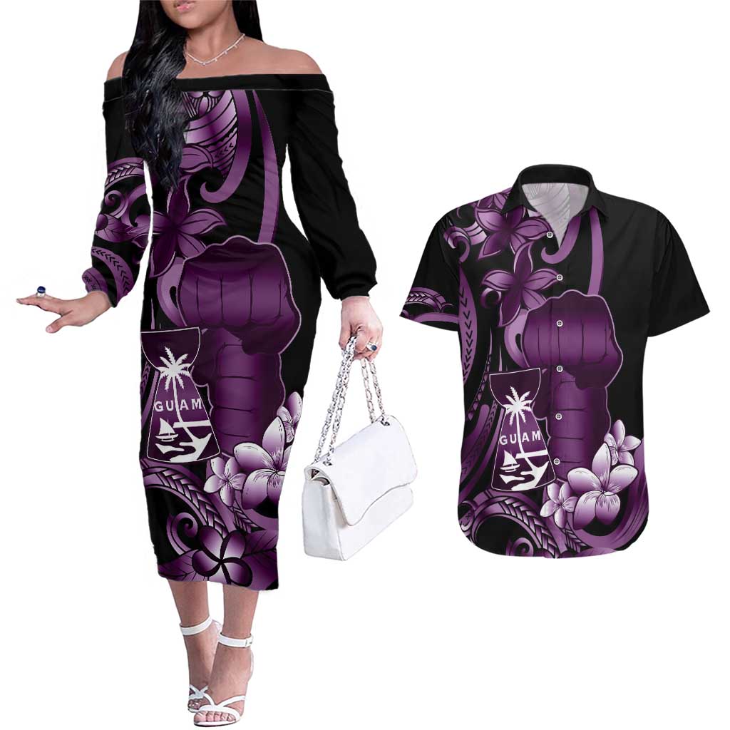 Purple Hafa Adai Guam Couples Matching Off The Shoulder Long Sleeve Dress and Hawaiian Shirt Chamorro Latte Stone Hand With Plumeria LT14 Purple - Polynesian Pride