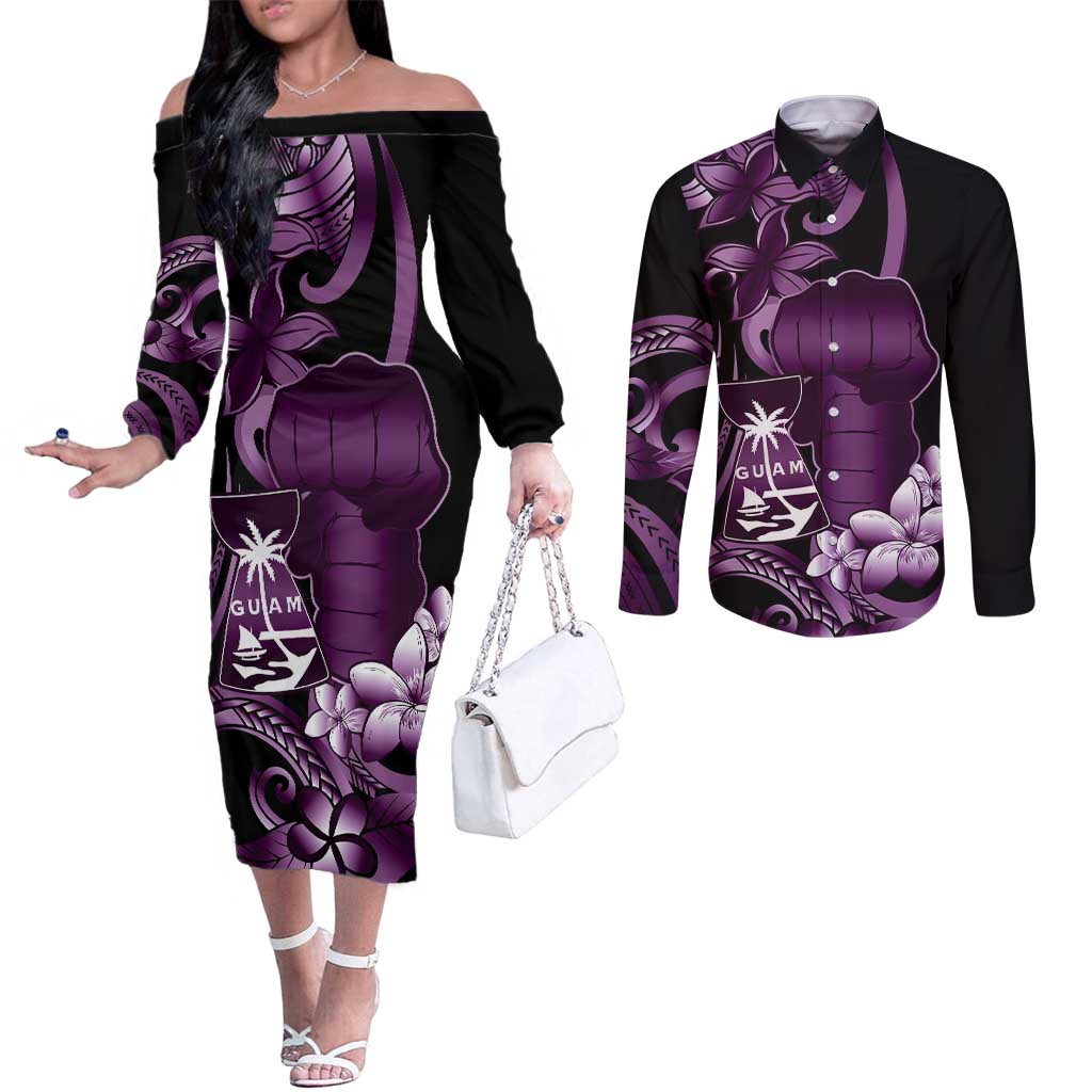 Purple Hafa Adai Guam Couples Matching Off The Shoulder Long Sleeve Dress and Long Sleeve Button Shirt Chamorro Latte Stone Hand With Plumeria LT14 Purple - Polynesian Pride