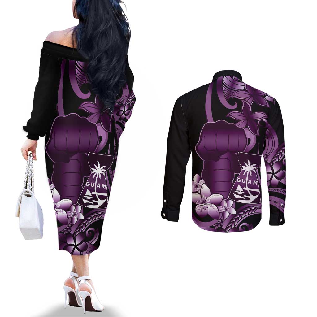 Purple Hafa Adai Guam Couples Matching Off The Shoulder Long Sleeve Dress and Long Sleeve Button Shirt Chamorro Latte Stone Hand With Plumeria LT14 - Polynesian Pride