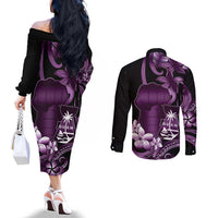 Purple Hafa Adai Guam Couples Matching Off The Shoulder Long Sleeve Dress and Long Sleeve Button Shirt Chamorro Latte Stone Hand With Plumeria LT14 - Polynesian Pride