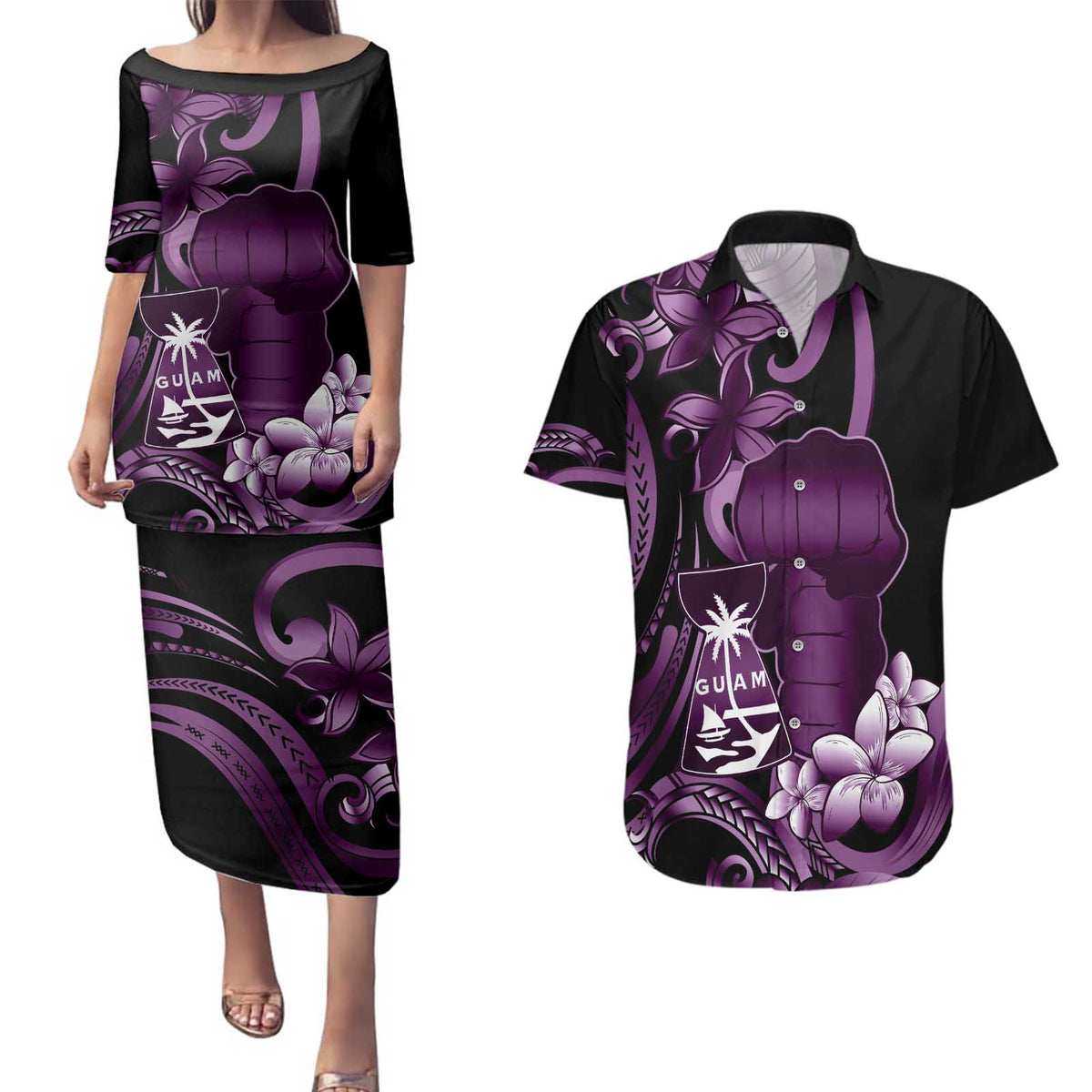 Purple Hafa Adai Guam Couples Matching Puletasi and Hawaiian Shirt Chamorro Latte Stone Hand With Plumeria LT14 Purple - Polynesian Pride