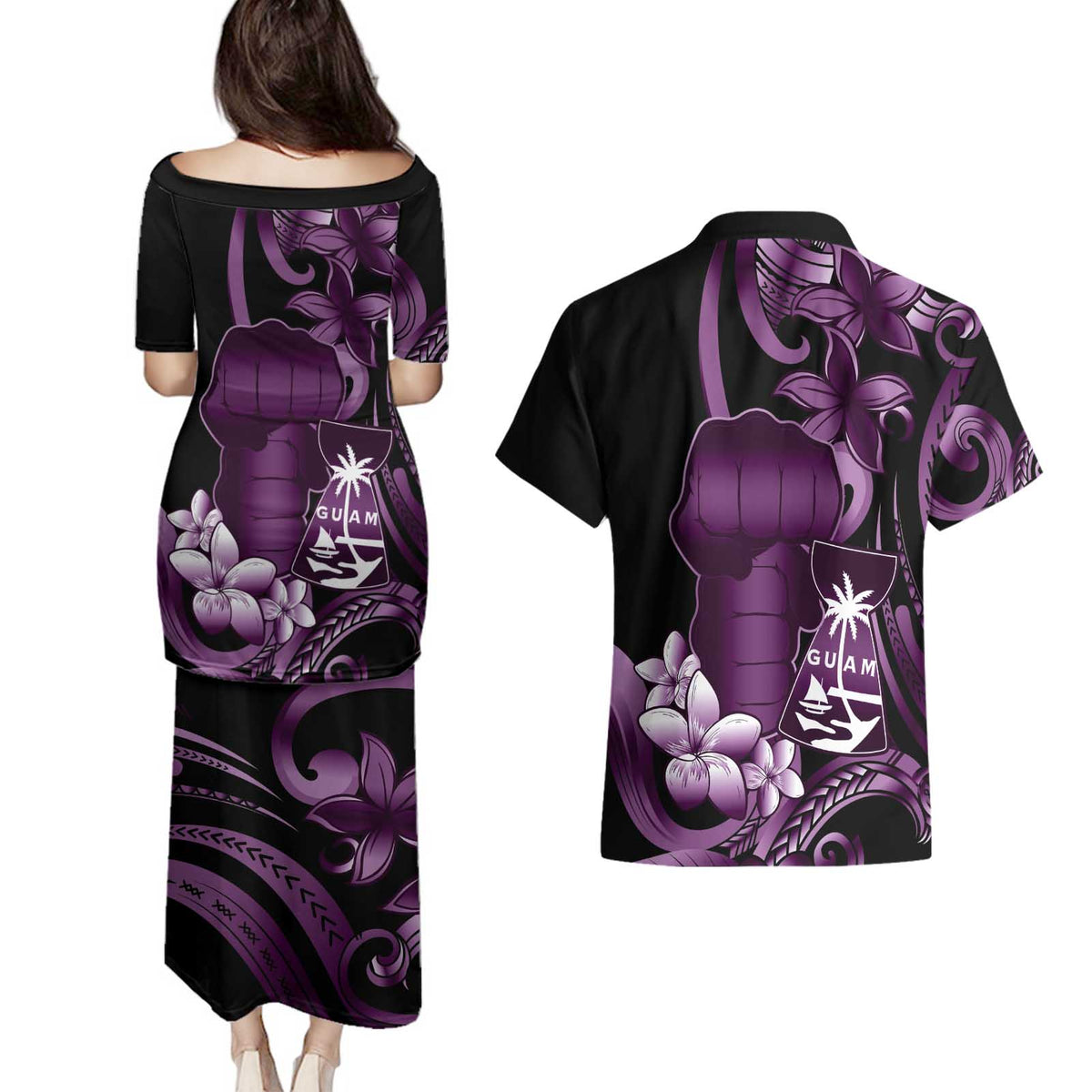 Purple Hafa Adai Guam Couples Matching Puletasi and Hawaiian Shirt Chamorro Latte Stone Hand With Plumeria LT14 - Polynesian Pride