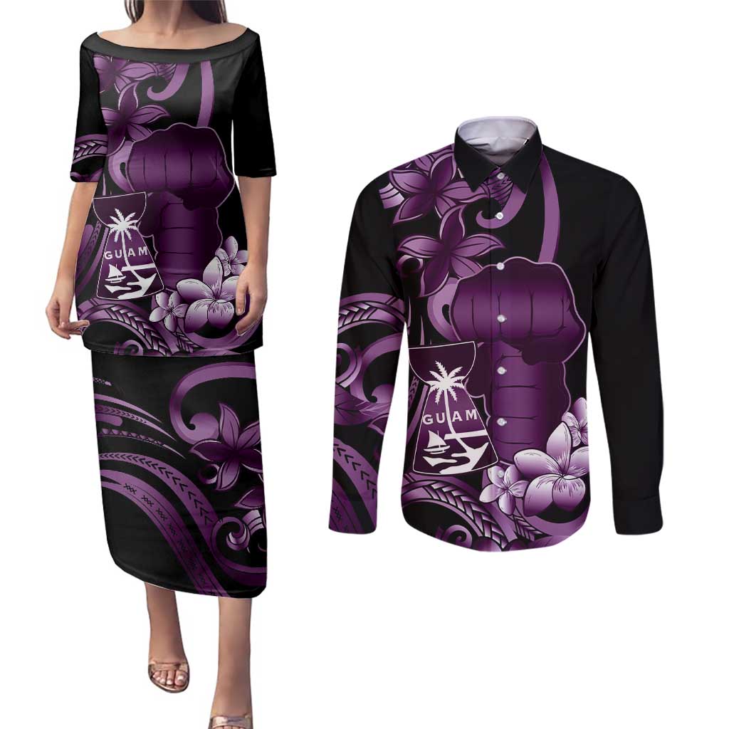 Purple Hafa Adai Guam Couples Matching Puletasi and Long Sleeve Button Shirt Chamorro Latte Stone Hand With Plumeria