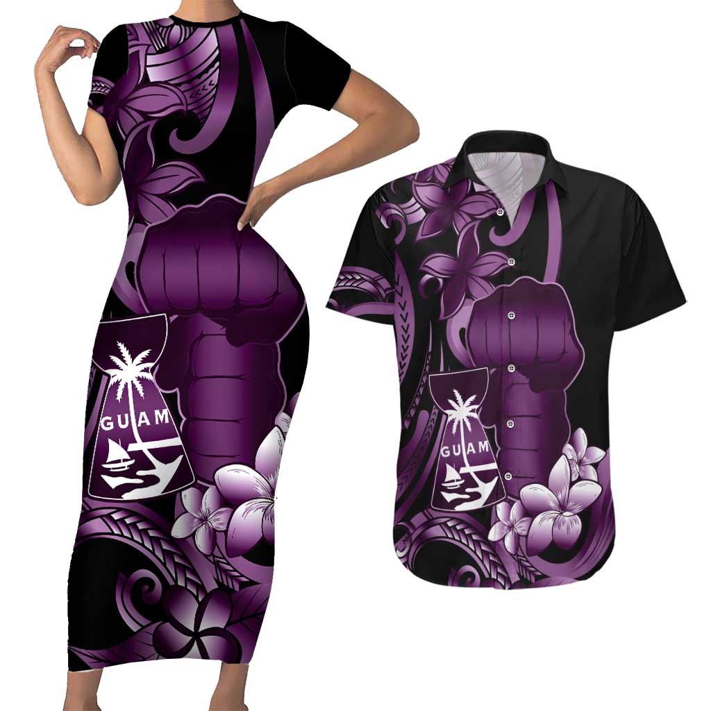 Purple Hafa Adai Guam Couples Matching Short Sleeve Bodycon Dress and Hawaiian Shirt Chamorro Latte Stone Hand With Plumeria LT14 Purple - Polynesian Pride