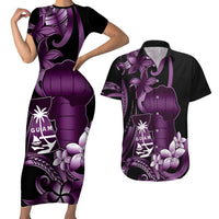 Purple Hafa Adai Guam Couples Matching Short Sleeve Bodycon Dress and Hawaiian Shirt Chamorro Latte Stone Hand With Plumeria LT14 Purple - Polynesian Pride