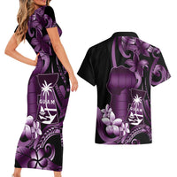 Purple Hafa Adai Guam Couples Matching Short Sleeve Bodycon Dress and Hawaiian Shirt Chamorro Latte Stone Hand With Plumeria LT14 - Polynesian Pride