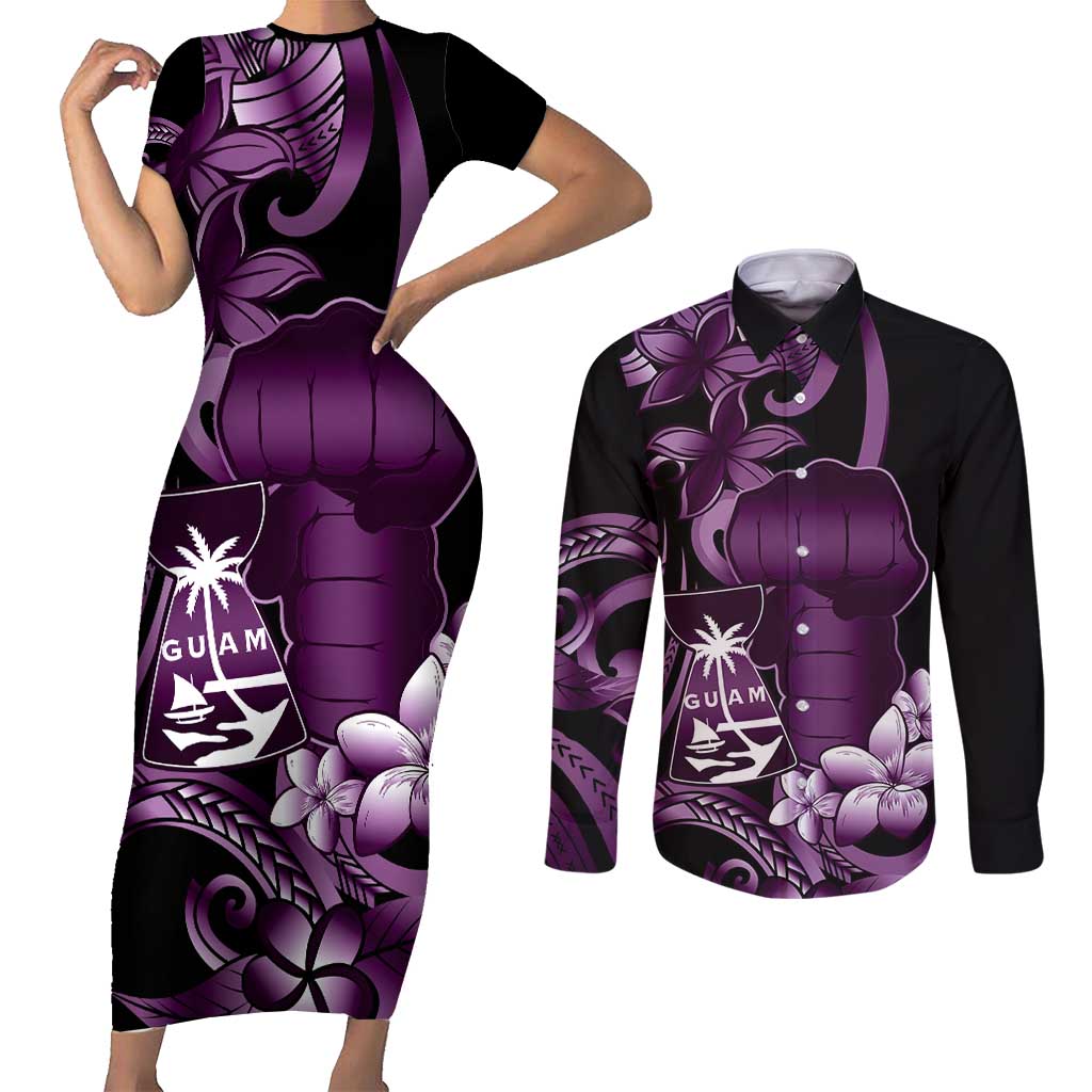 Purple Hafa Adai Guam Couples Matching Short Sleeve Bodycon Dress and Long Sleeve Button Shirt Chamorro Latte Stone Hand With Plumeria LT14 Purple - Polynesian Pride