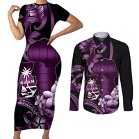 Purple Hafa Adai Guam Couples Matching Short Sleeve Bodycon Dress and Long Sleeve Button Shirt Chamorro Latte Stone Hand With Plumeria LT14 Purple - Polynesian Pride