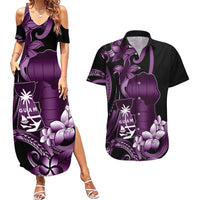Purple Hafa Adai Guam Couples Matching Summer Maxi Dress and Hawaiian Shirt Chamorro Latte Stone Hand With Plumeria LT14 Purple - Polynesian Pride