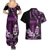 Purple Hafa Adai Guam Couples Matching Summer Maxi Dress and Hawaiian Shirt Chamorro Latte Stone Hand With Plumeria LT14 - Polynesian Pride