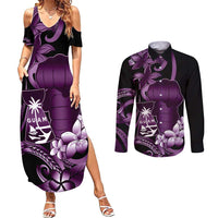 Purple Hafa Adai Guam Couples Matching Summer Maxi Dress and Long Sleeve Button Shirt Chamorro Latte Stone Hand With Plumeria LT14 Purple - Polynesian Pride