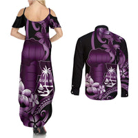 Purple Hafa Adai Guam Couples Matching Summer Maxi Dress and Long Sleeve Button Shirt Chamorro Latte Stone Hand With Plumeria LT14 - Polynesian Pride