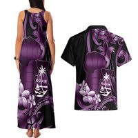 Purple Hafa Adai Guam Couples Matching Tank Maxi Dress and Hawaiian Shirt Chamorro Latte Stone Hand With Plumeria LT14 - Polynesian Pride