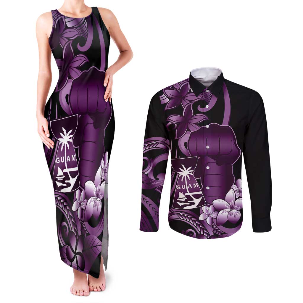 Purple Hafa Adai Guam Couples Matching Tank Maxi Dress and Long Sleeve Button Shirt Chamorro Latte Stone Hand With Plumeria LT14 Purple - Polynesian Pride