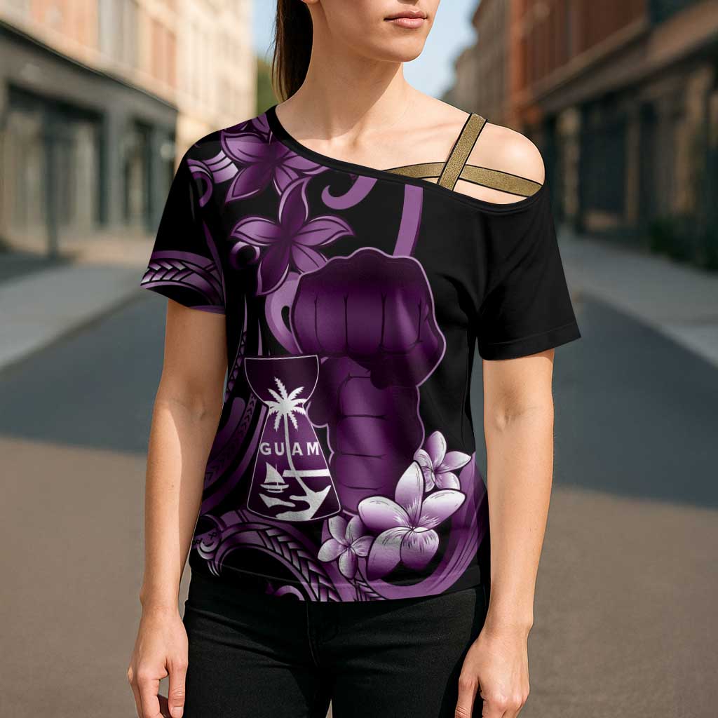 Purple Hafa Adai Guam Cross Shoulder Shirt Chamorro Latte Stone Hand With Plumeria - Polynesian Pride