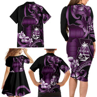 Purple Hafa Adai Guam Family Matching Long Sleeve Bodycon Dress and Hawaiian Shirt Chamorro Latte Stone Hand With Plumeria LT14 - Polynesian Pride