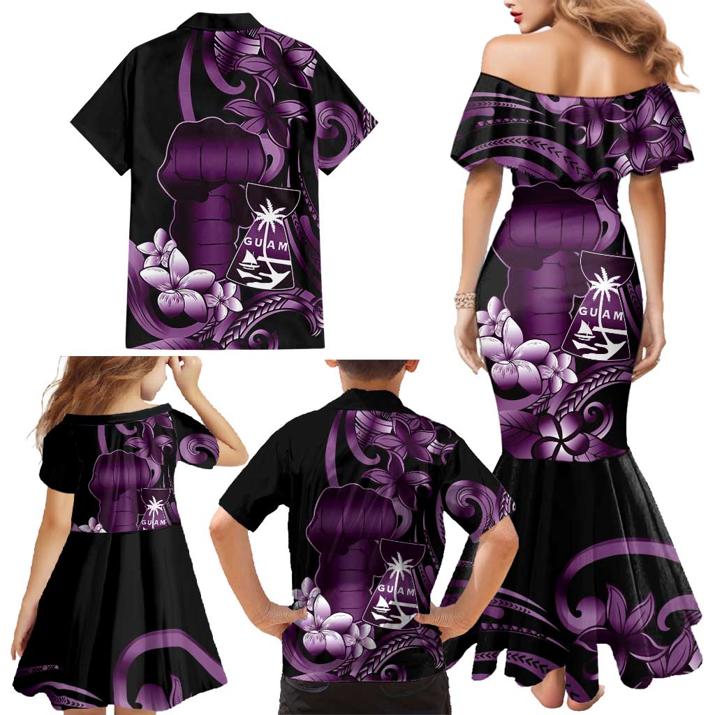 Purple Hafa Adai Guam Family Matching Mermaid Dress and Hawaiian Shirt Chamorro Latte Stone Hand With Plumeria LT14 - Polynesian Pride