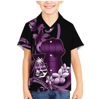 Purple Hafa Adai Guam Family Matching Mermaid Dress and Hawaiian Shirt Chamorro Latte Stone Hand With Plumeria LT14 Son's Shirt Purple - Polynesian Pride
