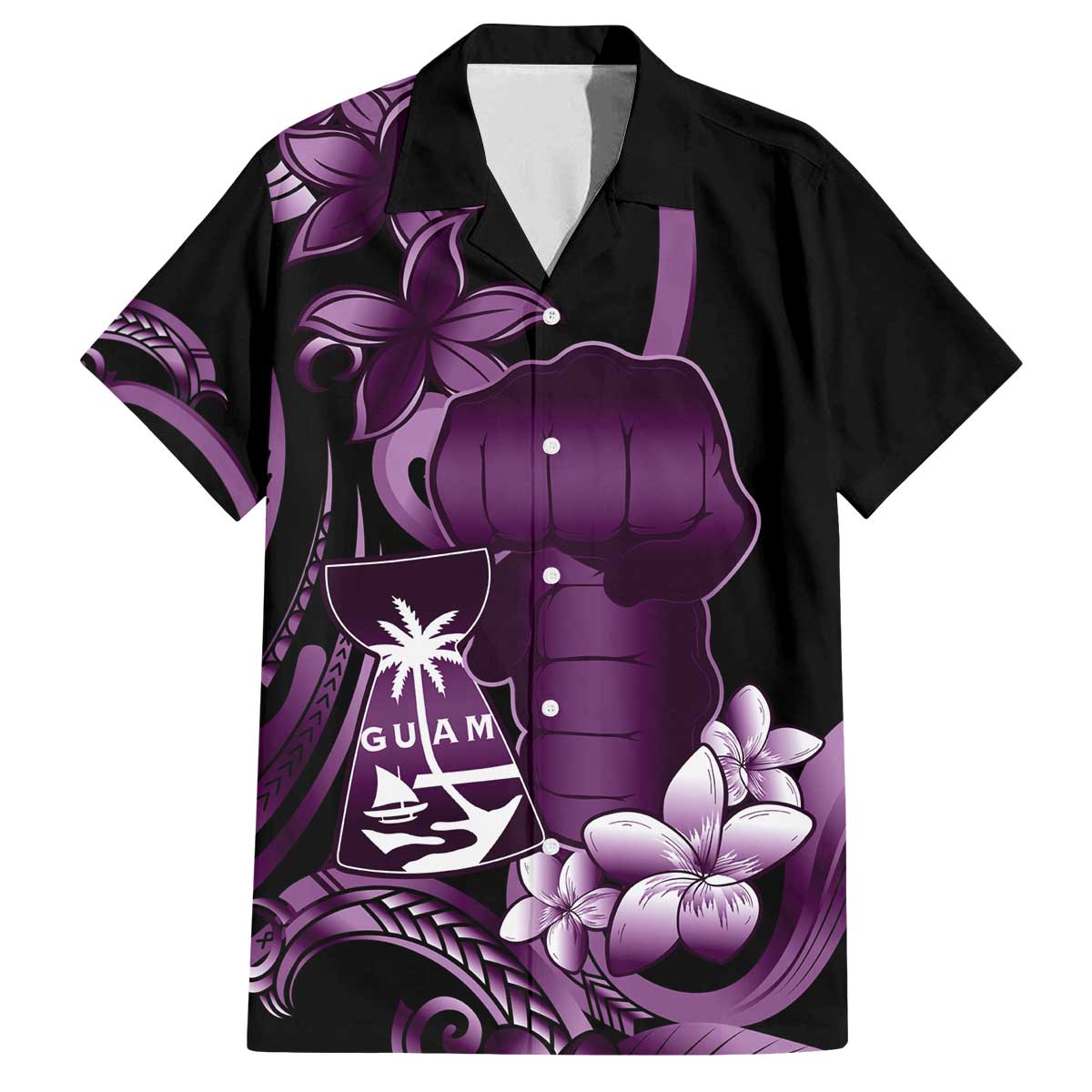Purple Hafa Adai Guam Family Matching Off The Shoulder Long Sleeve Dress and Hawaiian Shirt Chamorro Latte Stone Hand With Plumeria LT14 Dad's Shirt - Short Sleeve Purple - Polynesian Pride