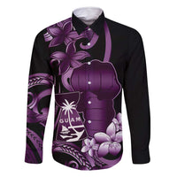 Purple Hafa Adai Guam Family Matching Off Shoulder Maxi Dress and Hawaiian Shirt Chamorro Latte Stone Hand With Plumeria LT14 Dad's Shirt - Long Sleeve Purple - Polynesian Pride