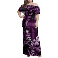Purple Hafa Adai Guam Family Matching Off Shoulder Maxi Dress and Hawaiian Shirt Chamorro Latte Stone Hand With Plumeria LT14 Mom's Dress Purple - Polynesian Pride