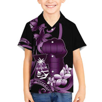 Purple Hafa Adai Guam Family Matching Off Shoulder Maxi Dress and Hawaiian Shirt Chamorro Latte Stone Hand With Plumeria LT14 Son's Shirt Purple - Polynesian Pride