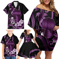 Purple Hafa Adai Guam Family Matching Off Shoulder Short Dress and Hawaiian Shirt Chamorro Latte Stone Hand With Plumeria LT14 - Polynesian Pride