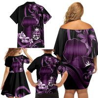 Purple Hafa Adai Guam Family Matching Off Shoulder Short Dress and Hawaiian Shirt Chamorro Latte Stone Hand With Plumeria LT14 - Polynesian Pride