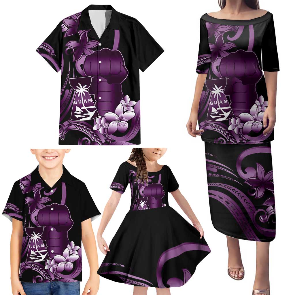 Purple Hafa Adai Guam Family Matching Puletasi and Hawaiian Shirt Chamorro Latte Stone Hand With Plumeria LT14 - Polynesian Pride