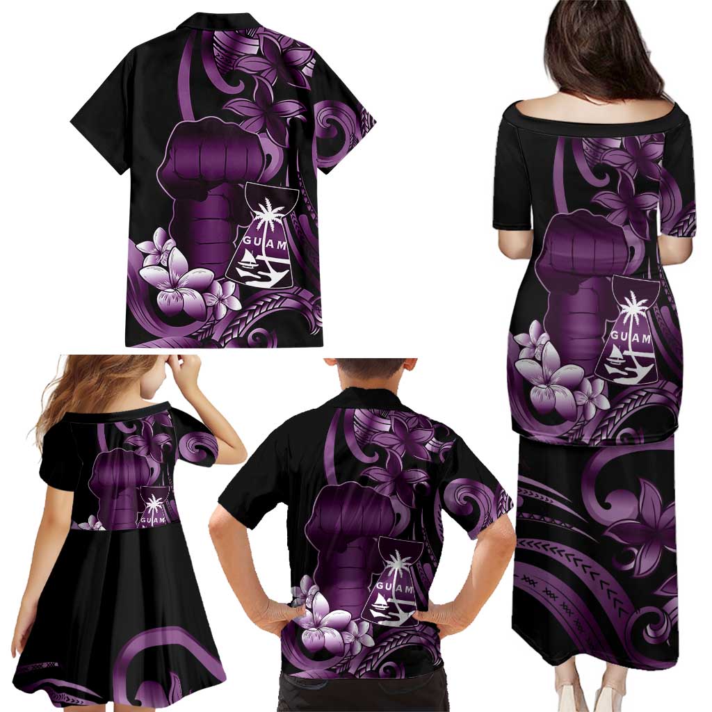 Purple Hafa Adai Guam Family Matching Puletasi and Hawaiian Shirt Chamorro Latte Stone Hand With Plumeria LT14 - Polynesian Pride